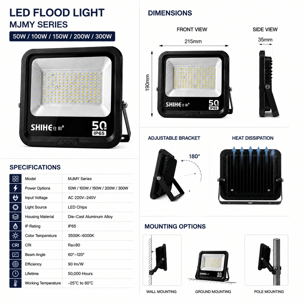 MJMY LED Flood Light | IP65 Outdoor Stadium & Garden Lighting | Die-Cast Aluminum Housing - Guzhen LED Flood Light Factory