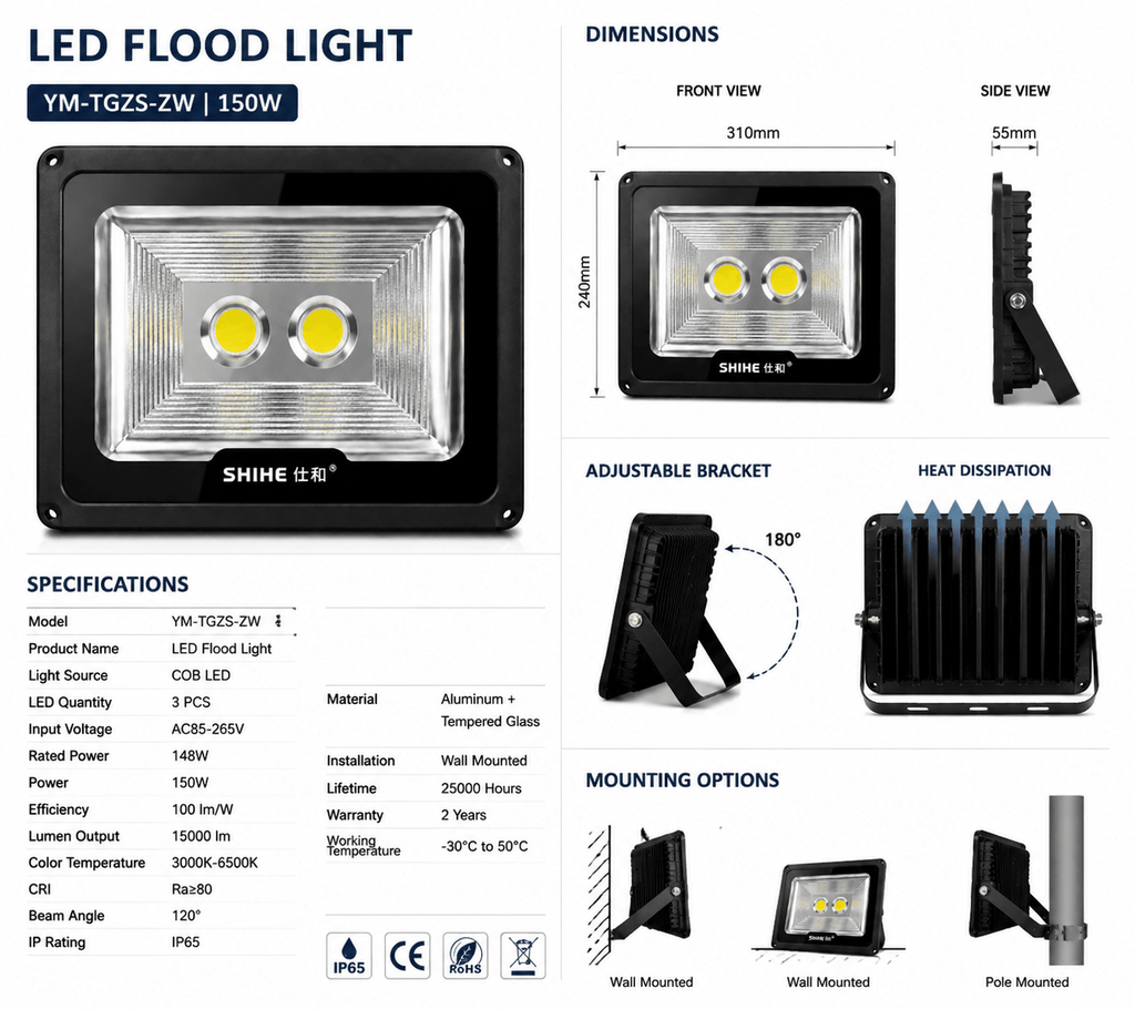 YM-TGZS-ZW LED COB Flood Light | IP65 Outdoor Lighting | 150W High Power Floodlight - Guzhen LED Flood Light Factory